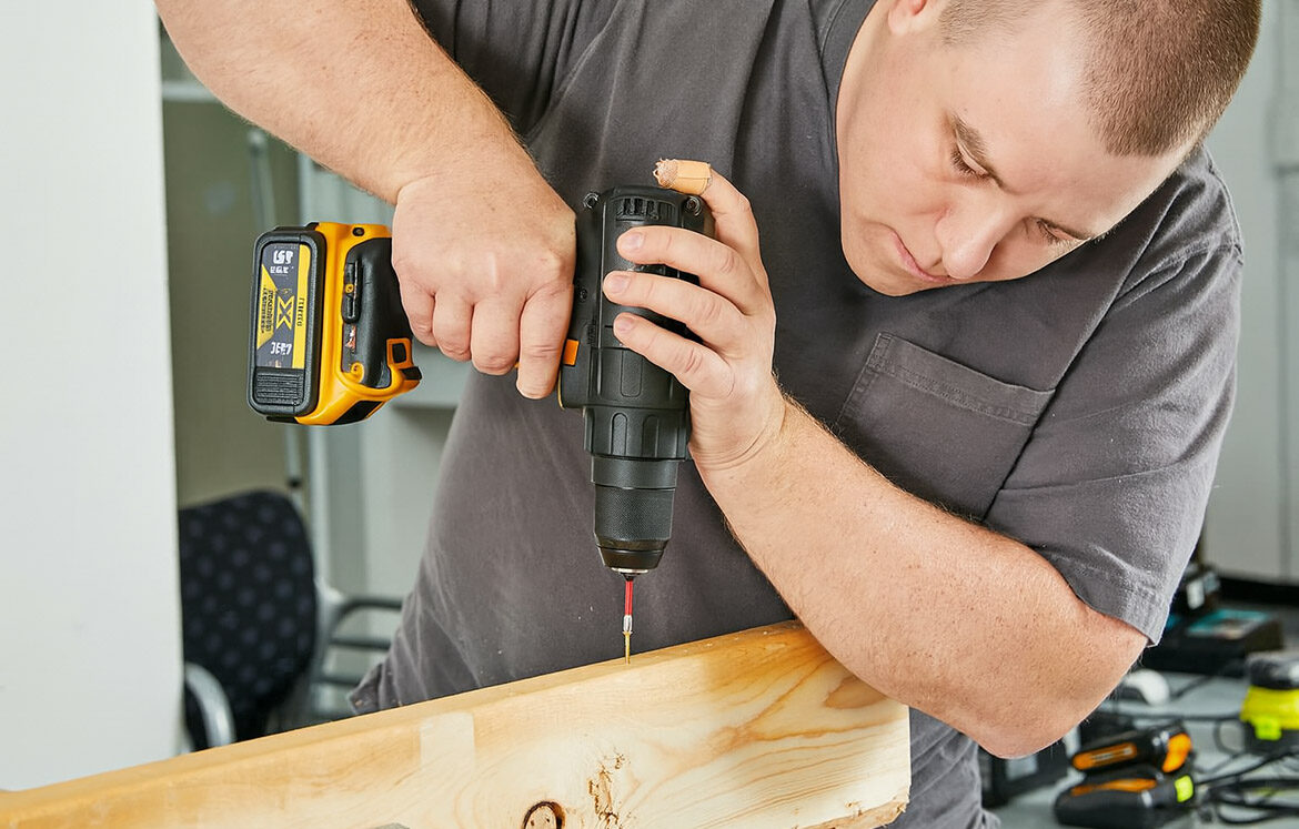 Moški uporablja akumulatorski vrtalnik za vrtanje v leseno desko med izvajanjem domačega projekta.