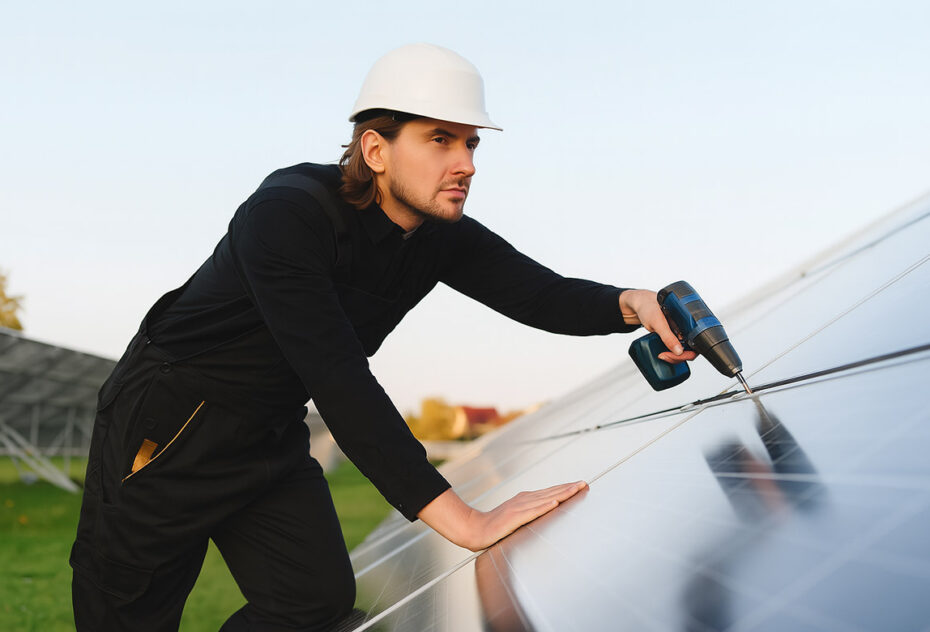 Mojster uporablja brezžično orodje za montažo solarnih panelov na terenu.