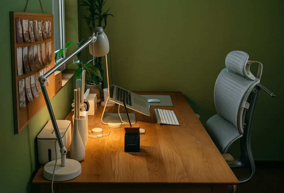 Minimalistično urejen ergonomski delovni prostor z nastavljivim pisarniškim stolom, lesenim pisalnim stolom, prenosnikom in namizno svetilko.