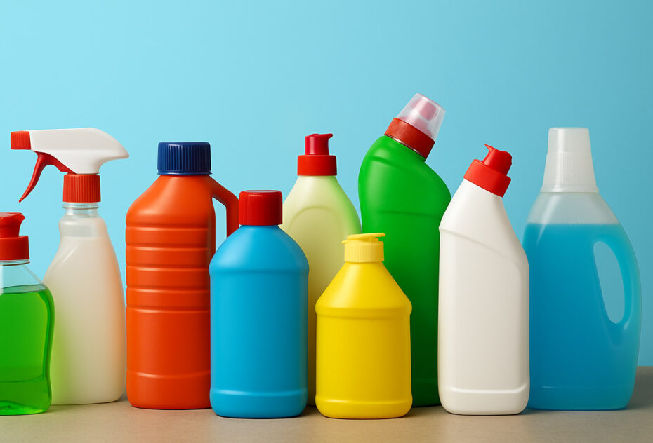 Plastenke z gospodinjskimi čistili in kemikalijami različnih barv, kot primer nevarnosti ob nepravilnem varnem shranjevanju kemikalij doma.