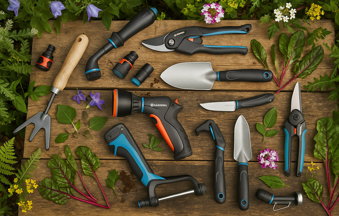 Trajnostno orodje za vrtnarjenje na leseni površini, vključuje lopatke, škropilnike in škarje z ergonomskimi ročaji in naravnimi materiali.